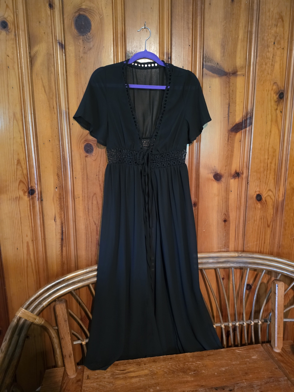 SHEIN Black Crochet-Waist Maxi Swim Coverup with Tie Front